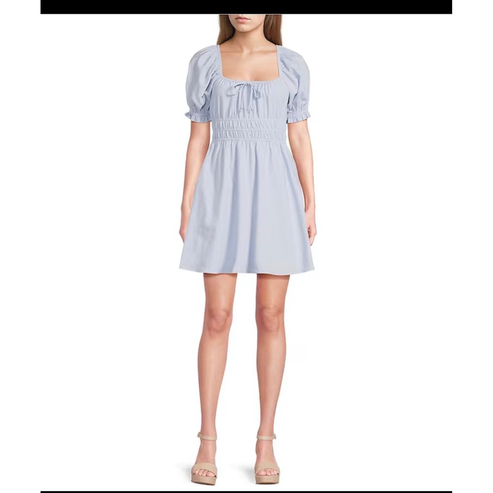 NWT Copper Key Blue Linen Blend Smocked Puff Sleeve Mini Dress Women Size Medium